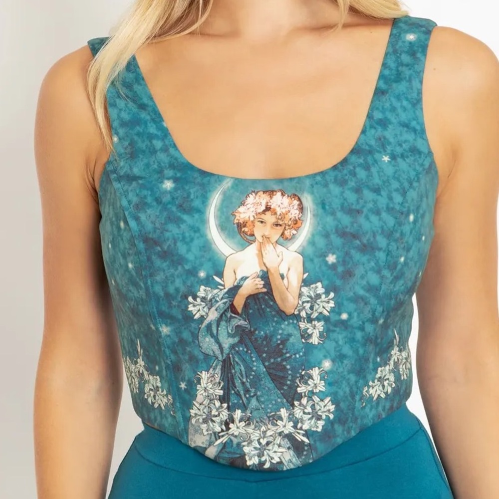 Blackmilk Alphonse Mucha MOON AND STARS TEAL CORSET TOP Size 8 US/12 AUST NWT